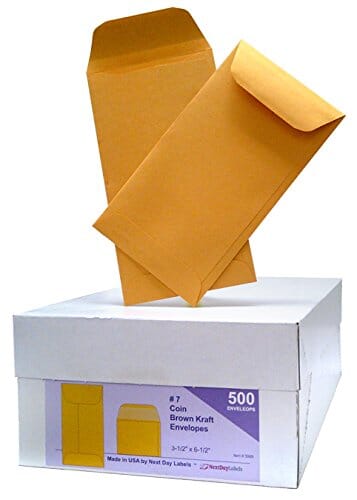 Box of 500# 7 Coin Brown Kraft Envelopes, for Small Parts, Seeds, Cash Etc, Gummed Flap (Size: 3-1/2" x 6-1/2") Office Product Next Day Labels 