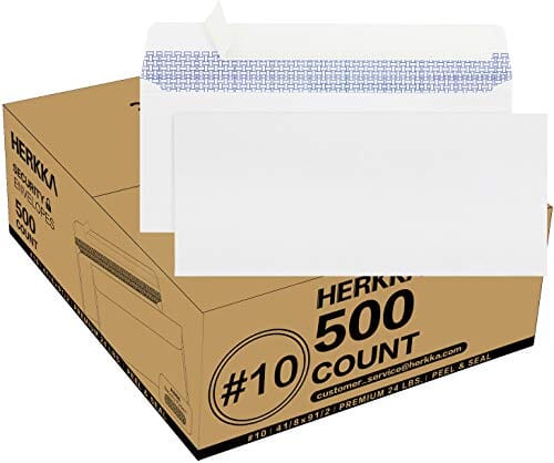 #10 Security Self-Seal Envelopes, No.10 Windowless Bussiness Envelopes, Security Tinted with Printer Friendly Design - Size 4-1/8 x 9-1/2 Inch - White - 24 LB - 500 Pack Office Product HERKKA 