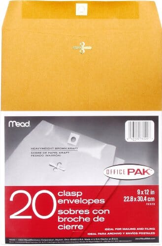 Mead Mailing Envelopes, Clasp Closure, 9" X 12", All-Purpose 24-lb Paper, Brown Kraft Material, 20 per Box (76020) Office Product Mead 