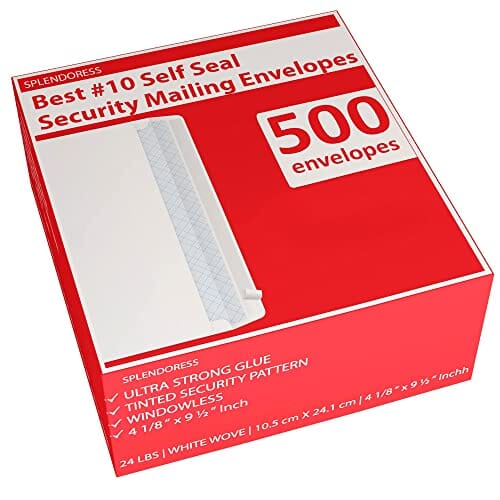#10 Envelopes Letter Size Self Seal, Business White Security Tinted Peel and Seal, 500 Pack Windowless, Legal Size Regular Plain Envelopes 4-1/8 x 9-1/2 Inches - 24 LB Envelops Office Product Splendoress 