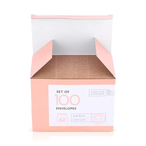 Sweetzer & Orange A2 Envelopes (100 with Box). Brown Envelopes Self Seal. Luxury 150gsm For Greeting Card Envelopes and Invitation Envelopes 4-3/8 x 5-3/4, RSVP Envelopes, Plain Kraft Envelopes. Office Product Sweetzer & Orange 