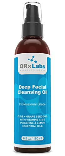 Deep Facial Cleansing Oil with Olive and Grape Seed Oils, Tangerine & Lemon Essential Oils, Boosted with Vitamins C & E - BEST Cleanser for Dry Skin - 6 fl oz Skin Care QRxLabs 