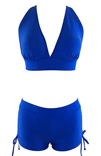 Century Star Push up Athletic Two Piece Bikini Set Deep V Neck Vintage Halter Back with Boyshort Swimsuit Bathsuit for Women Royal Blue S (US 2-4) Women's Swimwear Century Star 