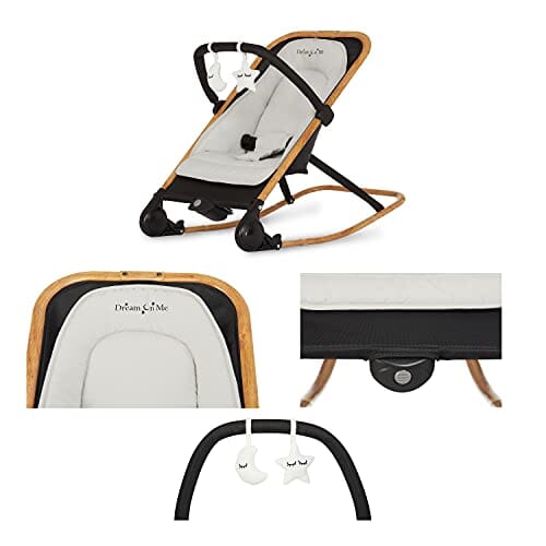 Dream on Me Rock with me 2-in-1 Rocker and Stationary Seat | Compact Portable Infant Rocker with Removable Toys Bar & Hanging Toys in Black & Grey Baby Product Dream On Me 