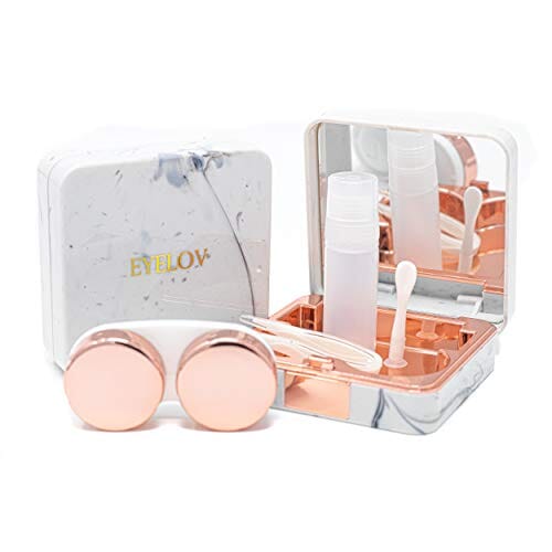 EYELOV Contact Lens Travel Case, Cute Marble Mini Contact Lens Travel Kit Holder Container Includes Contact Lens Remover Tool with Bottle and Tweezers (Rose Gold) Drugstore EYELOV 