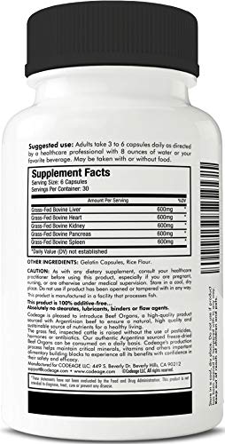 Codeage Grass Fed Beef Organs (Desiccated), 180 Count — All-in-one Liver, Heart, Kidney, Pancreas, Spleen, 3000mg per Servings, 100% Pasture Raised in Argentina Supplement Code Age 