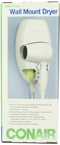 Conair Wallmount 1600 Watt Hair Dryer with LED Night Light; White Hair Dryer Conair 