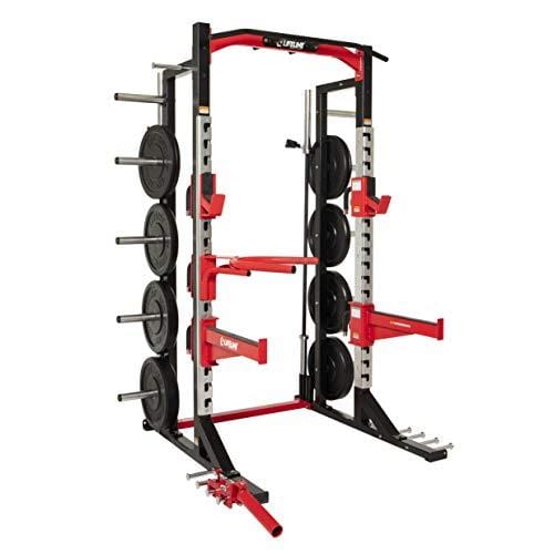 Lifeline Commercial Half Rack - 10 Olympic Plate Storage Horns, 4 Vertical Barbell Storage Tubes, Resistance Band Hooks, Multi-Grip Pull-Up Bar (Dip Station & Weights not Included), Black/Red (LLCHR) Sports Lifeline 