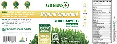 Greens+ Original Green Superfood Veggie Capsules | Vegan | Soy, Dairy and Gluten Free | Blend of Green Superfoods and High Energy Herbal Extracts | Dietary Supplement | 240 Veggie Capsules Supplement Greens+ 