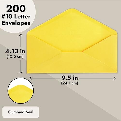 200 Pack #10 Yellow Envelopes Bulk with Gummed Seal for Party Invitation Cards, Mailing Business Letters, Checks (4 1/8 x 9 1/2) Office Product Sustainable Greetings 