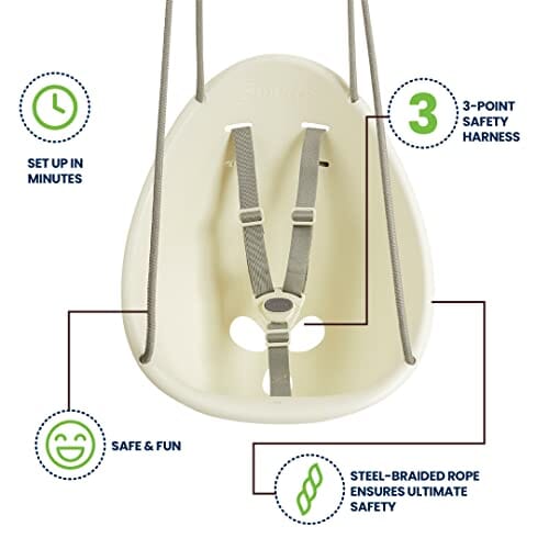 Swurfer Coconut - Your Child's First Swing with Blister Free Rope and 3-Point Safety Harness - Indoor and Outdoor - Swing for Babies and Toddlers - Ages 9 + Months - Up to 50 lbs White Baby Outdoors Swurfer 