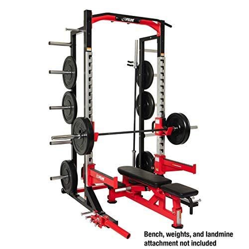 Lifeline Commercial Half Rack - 10 Olympic Plate Storage Horns, 4 Vertical Barbell Storage Tubes, Resistance Band Hooks, Multi-Grip Pull-Up Bar (Dip Station & Weights not Included), Black/Red (LLCHR) Sports Lifeline 