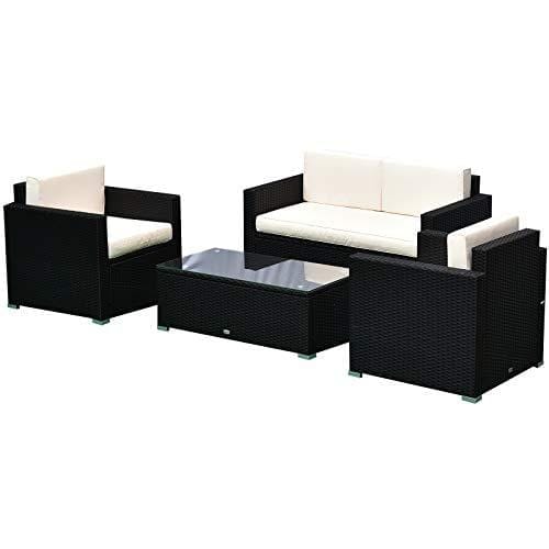 Outsunny 4-Piece Cushioned Patio Furniture Set, with 2 Chairs, Sectional, and Glass Coffee Table, Rattan Wicker, Black Lawn & Patio Outsunny 