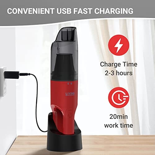 LIVING ENRICHMENT Handheld Vacuum Cleaner, Powerful Suction 4K-6KPa, Rechargeable Car Vacuum Cleaner, Single Touch Empty and Detachable Dust Cup, with Crevice Nozzle and & Cleaning Brush, Red Home Living Enrichment 