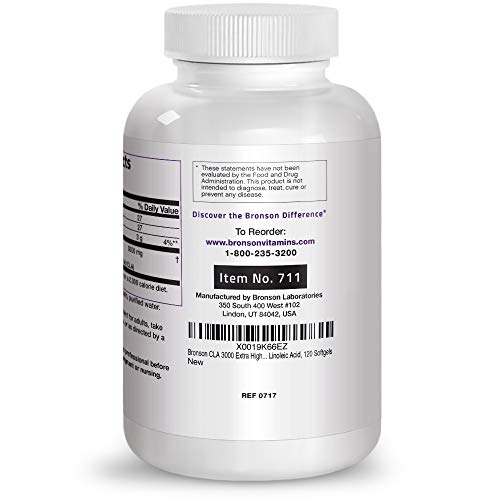 Bronson CLA 3000 Extra High Potency Supports Healthy Weight Management, Non-GMO Conjugated Linoleic Acid From Safflower Oil, Gluten Free, Stimulant Free, 120 Softgels Supplement Bronson 