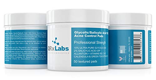 Glycolic/Salicylic Acid 10/2 Acne Control Pads with 10% Ultra Pure Glycolic Acid + 2% Salicylic Acid USP, Allantoin, Vitamins B5, C & E, Calendula & Green Tea - Helps Clear Up and Control Acne Skin Care QRxLabs 