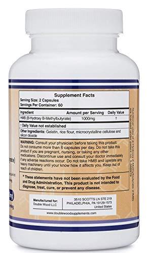 HMB Supplement, Third Party Tested, Made in USA, 120 Capsules, 1000mg per serving, 500mg per capsule. Supplement Double Wood Supplements 