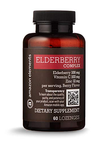 Amazon Elements Elderberry Complex, 60 Berry Flavored Lozenges, Elderberry 100mg, Vitamin C 103mg, Zinc 12mg, up to a 2 month supply Supplement Amazon Elements 