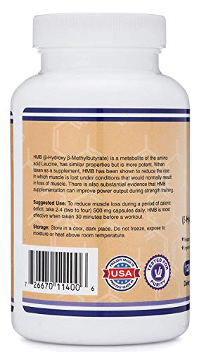 HMB Supplement, Third Party Tested, Made in USA, 120 Capsules, 1000mg per serving, 500mg per capsule. Supplement Double Wood Supplements 