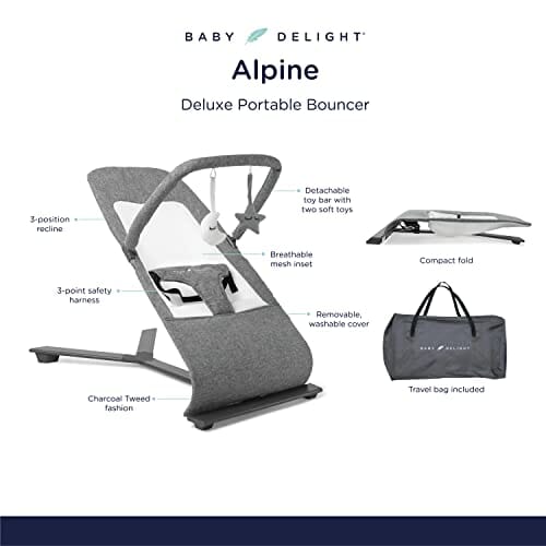 Baby Delight Alpine Deluxe Portable Bouncer, Infant, 0 – 6 months, Charcoal Tweed Baby Product Baby Delight 