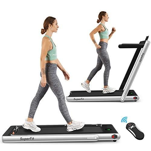 Goplus 2 in 1 Folding Treadmill, 2.25HP Under Desk Electric Treadmill, Installation-Free, with Bluetooth Speaker, Remote Control and LED Display, Walking Jogging Machine for Home/Office Use (Silver) Sports Goplus 