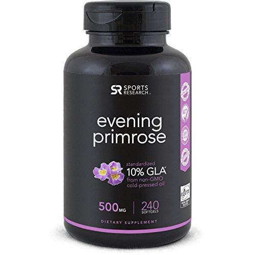 Evening Primrose Oil (500mg) 240 Mini-Liquid Softgels, Cold-Pressed with No fillers or Artificial Ingredients; Non-GMO & Gluten Free Supplement Sports Research 