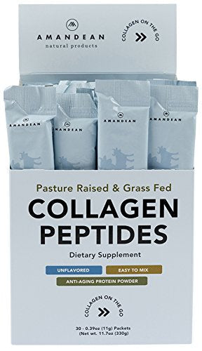Collagen Peptides Packets | Box of 30 Individual Stick Packs | Grass Fed Hydrolyzed Collagen Protein Powder | Unflavored, Easy to Mix | Paleo & Keto Friendly | Promotes Healthy Joints, Gut, Skin, Hair Supplement AMANDEAN 