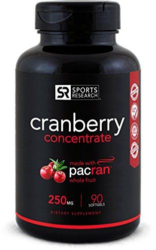 Cranberry Whole Fruit Concentrate (Triple Strength) equivalent to 12500mg of Fresh Cranberries. Made with clinically Proven Pacran® & packed with Antioxidants. Non-Gmo & Gluten Free, 90 Softgels Supplement Sports Research 