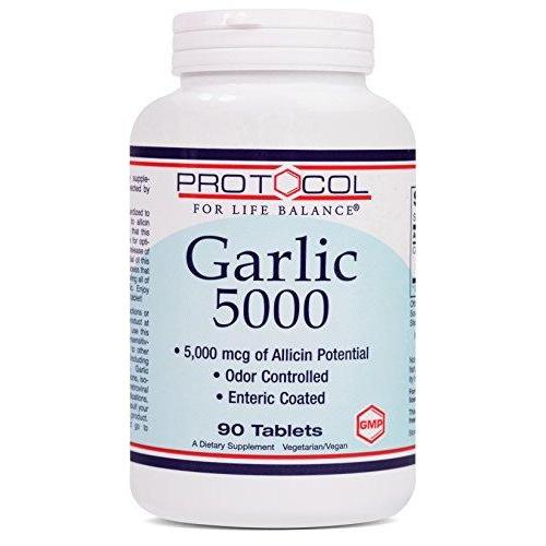 Protocol For Life Balance - Garlic 5000 - Odor Controlled with 5,000 mcg of Allicin Potential, Immune System Support, Antioxidant Rich, Anti Aging, Heart Healthy Benefits - 90 Tablets Supplement Protocol For Life Balance 