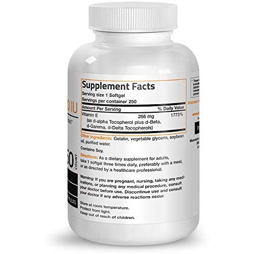 Bronson Natural Vitamin E Complex 400 I.U. (D-alpha Tocopherol), 250 Softgels Supplement Bronson 