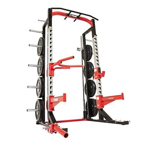 Lifeline Commercial Half Rack - 10 Olympic Plate Storage Horns, 4 Vertical Barbell Storage Tubes, Resistance Band Hooks, Multi-Grip Pull-Up Bar (Dip Station & Weights not Included), Black/Red (LLCHR) Sports Lifeline 