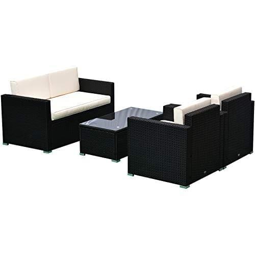 Outsunny 4-Piece Cushioned Patio Furniture Set, with 2 Chairs, Sectional, and Glass Coffee Table, Rattan Wicker, Black Lawn & Patio Outsunny 