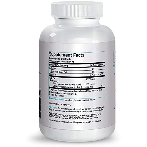 Bronson Omega 3 Fish Oil Triple Strength 2720 mg, Non-GMO, Gluten Free, Soy Free, Heavy Metal Tested, 1250 EPA 488 DHA, 90 Softgels Supplement Bronson 