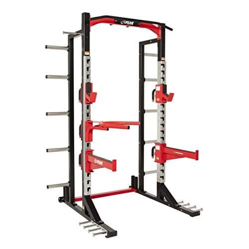 Lifeline Commercial Half Rack - 10 Olympic Plate Storage Horns, 4 Vertical Barbell Storage Tubes, Resistance Band Hooks, Multi-Grip Pull-Up Bar (Dip Station & Weights not Included), Black/Red (LLCHR) Sports Lifeline 