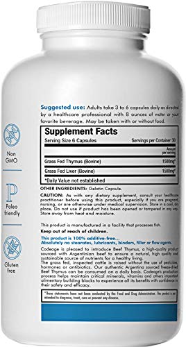 Codeage Grass Fed Thymus (Glandular), 180 Count — Supports Immune & Allergy Health, 3000mg per Servings, 100% Pasture Raised in Argentina Supplement Code Age 
