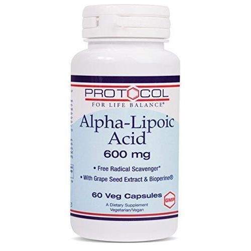 Protocol For Life Balance - Alpha-Lipoic Acid 600 mg - Free Radical Scavenger with Grape Seed Extract & Bioperine, Nervous System Support, Energy Boost, Reduces Oxidative Stress - 60 Veg Capsules Supplement Protocol For Life Balance 