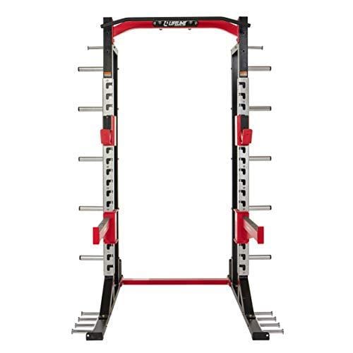 Lifeline Commercial Half Rack - 10 Olympic Plate Storage Horns, 4 Vertical Barbell Storage Tubes, Resistance Band Hooks, Multi-Grip Pull-Up Bar (Dip Station & Weights not Included), Black/Red (LLCHR) Sports Lifeline 