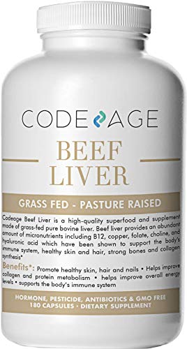 Codeage Grass Fed Beef Liver (Desiccated), 180 Count — Natural Iron, Vitamin A, D, K, E, B12 for Energy, CoQ10, Choline, Folate, 3000mg per Servings, 100% Pasture Raised in Argentina Supplement Code Age 