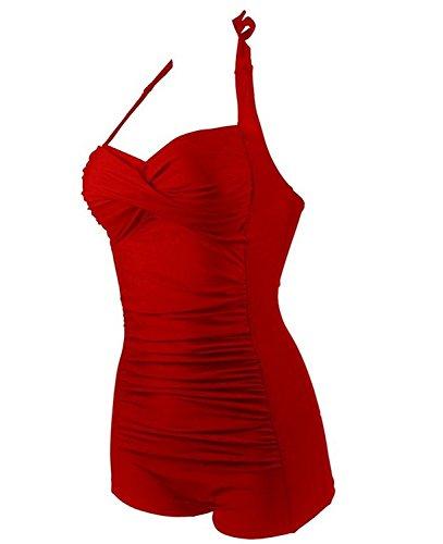 Century Star Women's Retro Halter Top Vintage Inspired Boy-Leg One Piece Ruched Monokinis Swimsuit Bathing Suits Vacation Red XX-Large (US 10-12) Women's Swimwear Century Star 