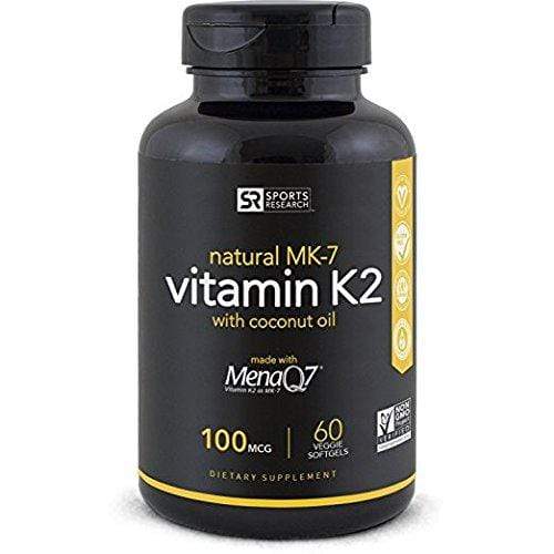Vitamin K2 (as MK7) with Organic Coconut Oil for better absorption | Made with clinically proven MenaQ7 and Formulated without Soy or gluten ~ Non-GMO Verified, Vegan Certified (60 Veggie-Softgels) Supplement Sports Research 