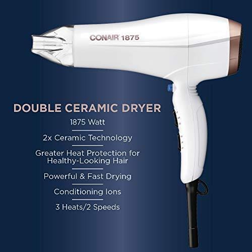 Conair 1875W Double Ceramic Hair Dryer, White/ Rose Gold, Pack of 1 Beauty Conair 