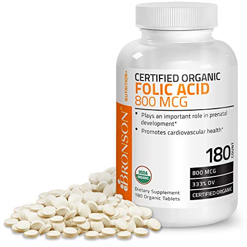 Bronson Organic Folic Acid, USDA Certified & Vegetarian, Ultimate Prenatal Vitamin, 180 Tablets Supplement Bronson 
