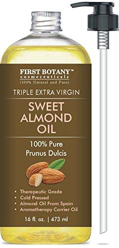 Cold Pressed Sweet Almond Oil - Triple AAA+ Grade Quality, For Hair, For Skin and For Face, 100% Pure and Natural from Spain, 16 fl oz Essential Oil First Botany Cosmeceuticals 
