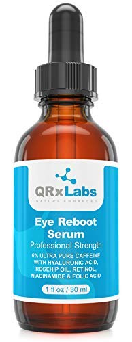 Eye Reboot Serum with 6% Caffeine, Hyaluronic Acid, Rosehip Oil, Retinol, Niacinamide & Folic Acid - Reduces Puffiness, Dark Circles, Crow Feet, Wrinkles and Fine Lines Around the Eyes - 1 oz / 30 ml Skin Care QRxLabs 