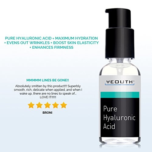 Hyaluronic Acid Serum for Face by YEOUTH - 100% Pure Clinical Strength Anti Aging Formula! Holds 1,000 Times Its Own Weight in Water, Plumps and Hydrates Skin, Reduces Wrinkle -All Natural Moisturizer Skin Care Yeouth 
