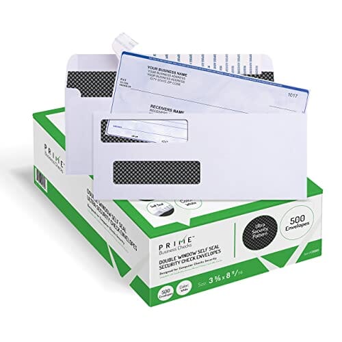 500 Self Seal QuickBooks Double Window Security Check Envelopes - for Business Laser Checks, Ultra Security Tinted, Self Adhesive Peel & Seal White, Size 3 5/8 x 8 11/16-24lb NOT for INVOICES Office Product Prime Business Checks 