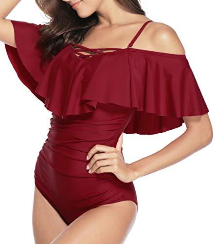 Holipick 1 Piece Sexy Swimsuits for Women Ruched Tummy Control Lace Up Flounce Bathing Suit S Wine Red Women's Swimwear Holipick 