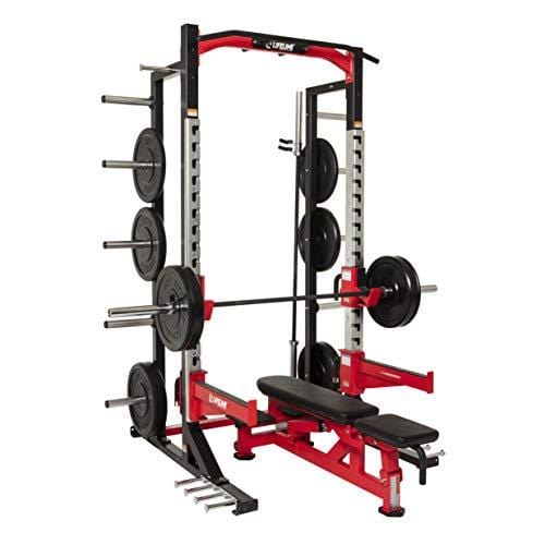 Lifeline Commercial Half Rack - 10 Olympic Plate Storage Horns, 4 Vertical Barbell Storage Tubes, Resistance Band Hooks, Multi-Grip Pull-Up Bar (Dip Station & Weights not Included), Black/Red (LLCHR) Sports Lifeline 