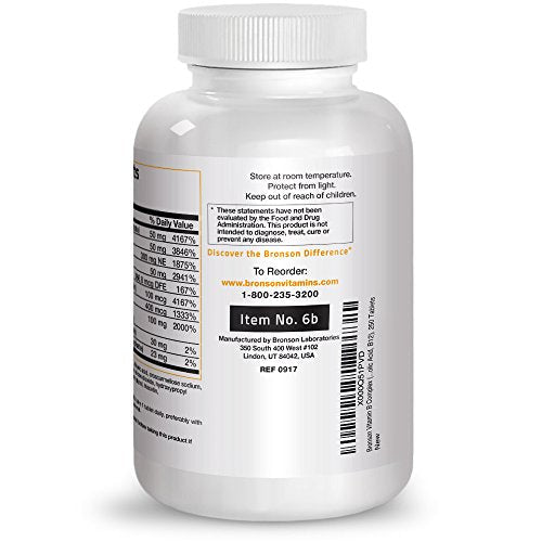 Bronson Vitamin B Complex (Vitamin B1, B2, B3, B6, B9 - Folic Acid, B12), 250 Tablets Supplement Bronson 