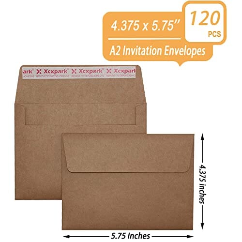 Xxcxpark 120 Qty Printable A2 Invitation Envelopes 4.375 x 5.75 Cards, Self Seal 120GSM Brown Paper Envelopes for Invitations, Papers, Photos, Documents, Wedding, Baby Shower, Easy to Seal and Peel Office Product Xxcxpark 